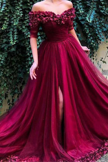 Burgundy Off The Shoulder Maroon Long Prom Dress With Flowers JTA7721