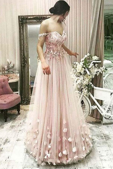 Princess Off the Shoulder Sweetheart Pink Lace Flower Prom Dress JTA7731