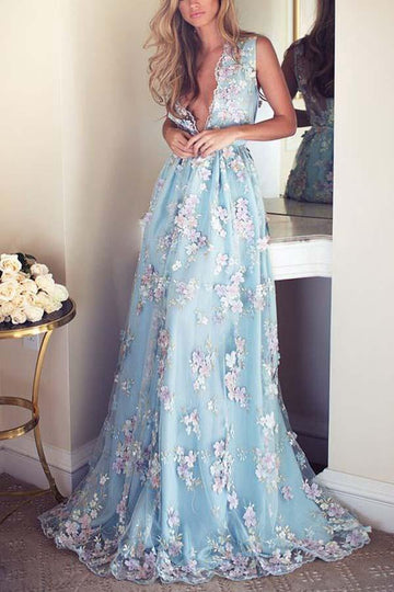 Sky Blue V Neck Embroidery Lace Flowers Evening Gowns JTA7761