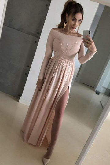 Long Sleeve Silver Side Slit Formal Dress JTA7781