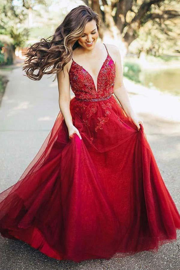 Strap A Line Maroon Long Beaded Prom Dresses with Split and Gold