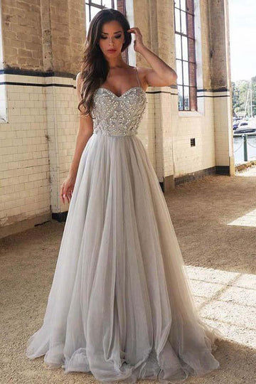 A Line Sweetheart Neck Silver Tulle Prom Dress JTA7821