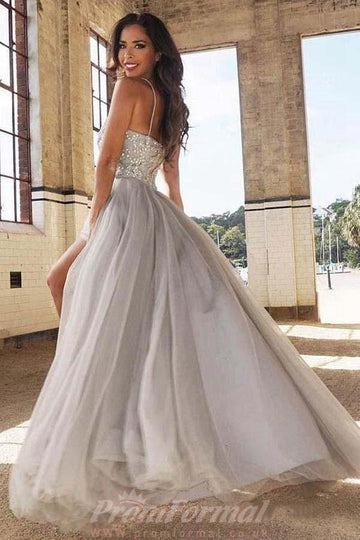 A Line Sweetheart Neck Silver Tulle Prom Dress JTA7821