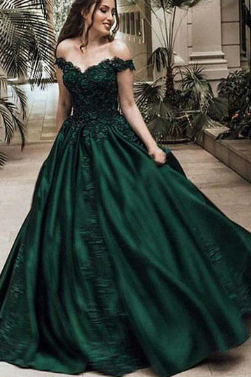 Off The Shoulder Dark Green Princess Prom Dress with Appliques JTA7841