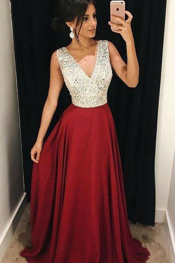 A Line V Neck Burgundy Satin Prom Dress with Beading JTA7861