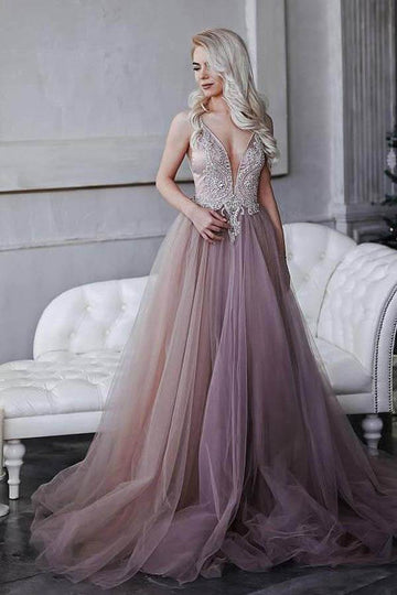 Princess Spaghetti Straps V Neck Prom Dress with Appliques JTA7871