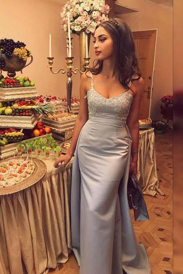 Mermaid Spaghetti Straps Silver Satin Evening Dress with Appliques JTA7881