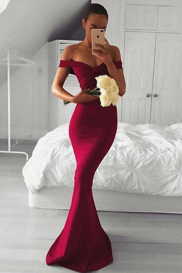 Mermaid Off The Shoulder Burgundy Satin Sexy Evening Dress JTA7921