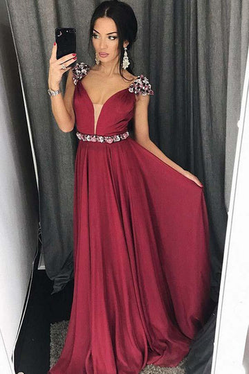 V Neck Burgundy Chiffon Prom Dress JTA7931