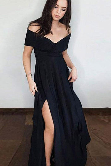 A Line Off The Shoulder Side Split Black Satin Evening Dress JTA7941