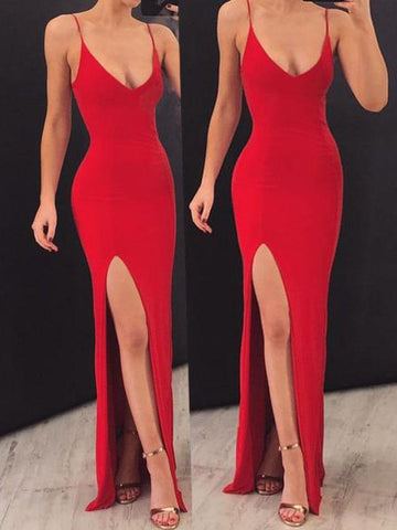 Red Sheath Spaghetti Straps Elastic Satin Sexy Evening Dress JTA7971