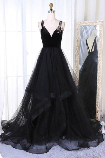 A Line V Neck Tulle Pleated Tier Black Prom Dress JTA8051