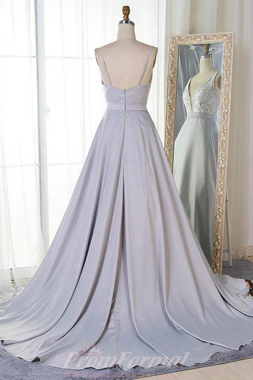 A Line V Neck Silver Grey Satin Prom Dress with Appliques JTA8061
