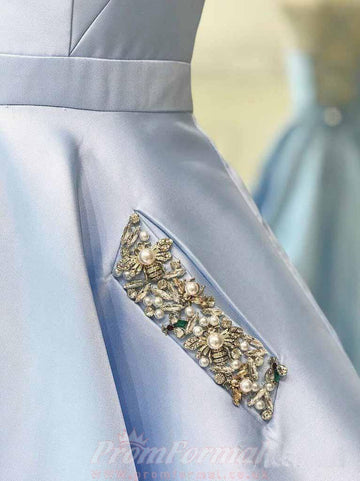 V Neck Sky Blue Satin Long Prom Dress with Pocket JTA8071