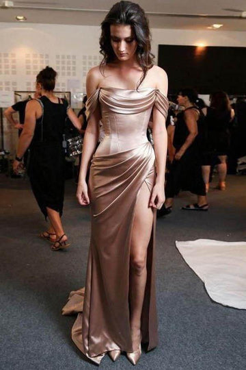 Sheath Off The Shoulder Rose Gold Sexy Evening Dress with Split JTA8091