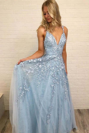 Blue Lace Long V Neck Prom Dress JTA8101