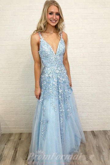 Blue Lace Long V Neck Prom Dress JTA8101