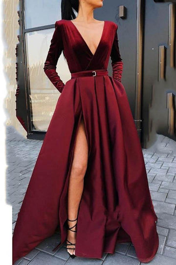 V Neck Satin Long Sleeves Burgundy Formal Dress JTA8121