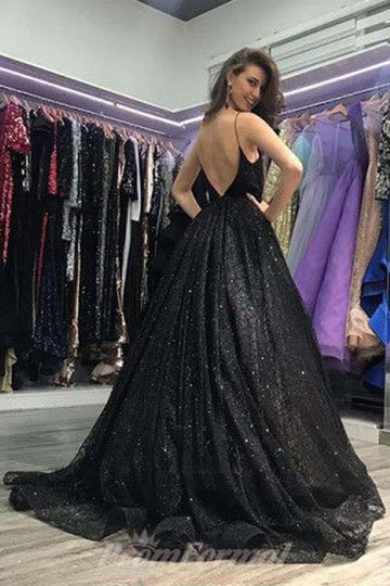 Princess V Neck Split Straps Black Evening Dress JTA8191