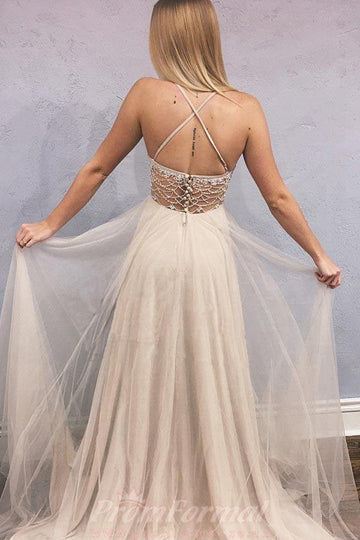 A Line Champagne Empire Straps Tulle Long Prom Dress JTA8251