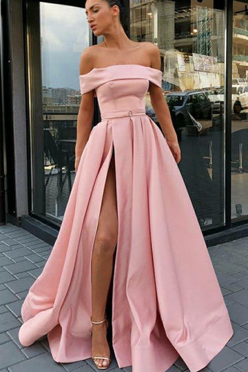 Off the Shoulder A Line Split Front Pink Prom Dress with Belt JTA8301