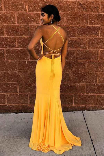 Mermaid Straps Mustard Yellow Criss Cross Evening Dress JTA8341