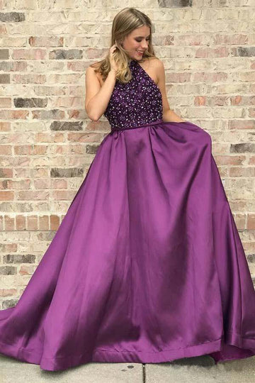 Halter Neck Purple Beaded Prom Dress JTA8391