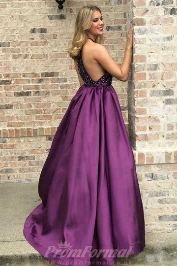 Halter Neck Purple Beaded Prom Dress JTA8391