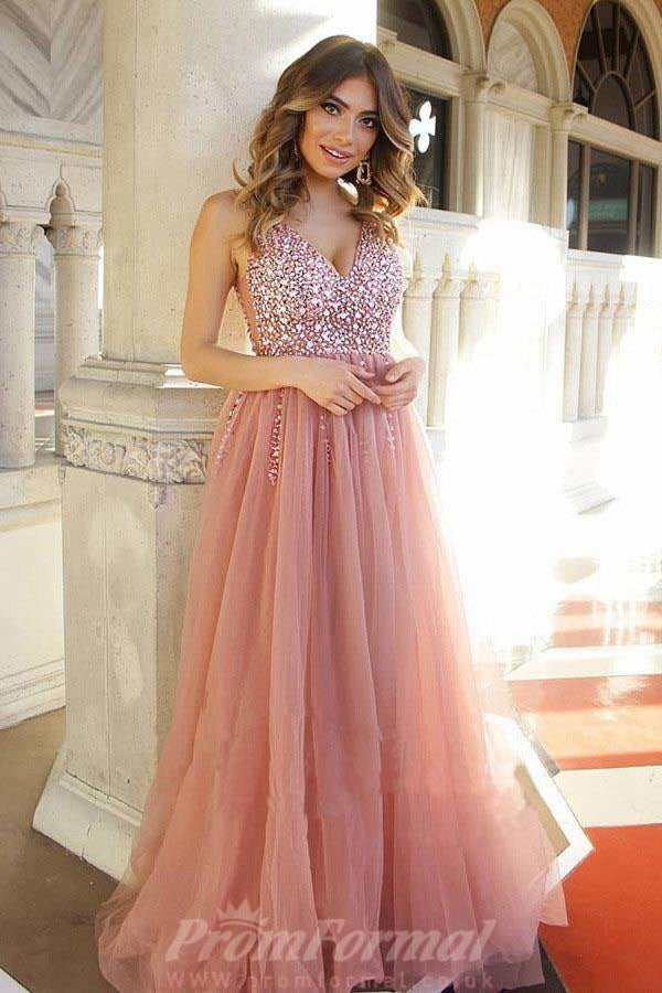 Dusty Pink Tulle Beaded Long Prom Dress JTA8431