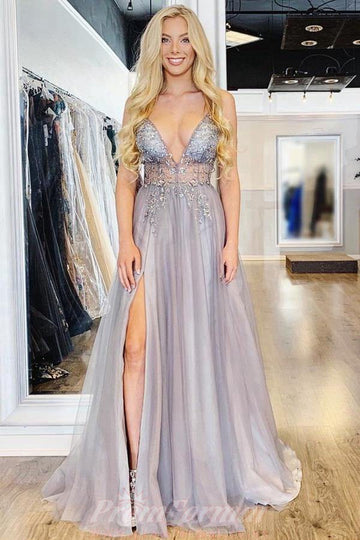 Spaghetti Straps Beaded V Neck Prom Dress JTA8441