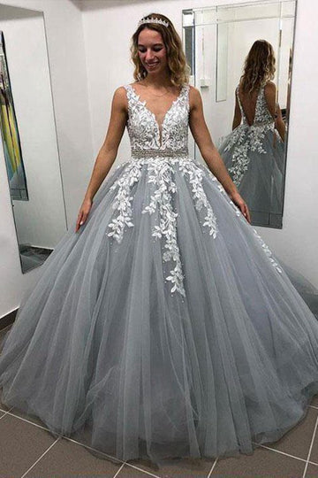 Ball Gown Grey V Neck Long Prom Dress JTA8471