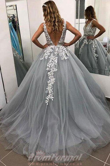 Ball Gown Grey V Neck Long Prom Dress JTA8471