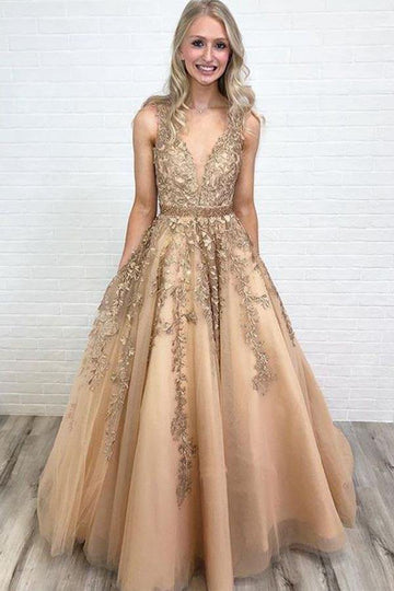 A Line V Neck Gold Lace Prom Dress with Beading JTA8491
