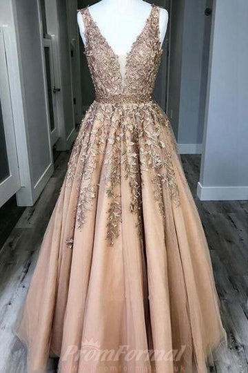 A Line V Neck Gold Lace Prom Dress with Beading JTA8491