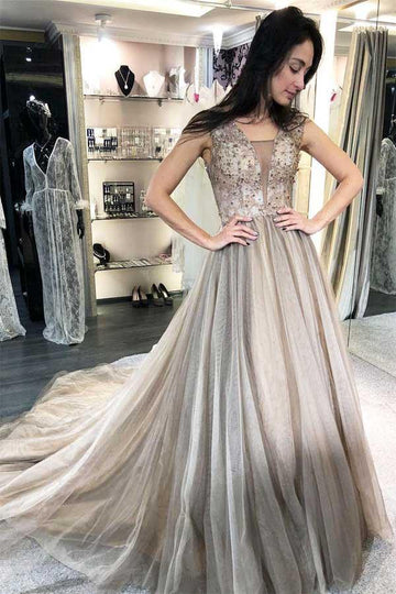 A Line Beaded Light Brown Long Prom Dress JTA8501