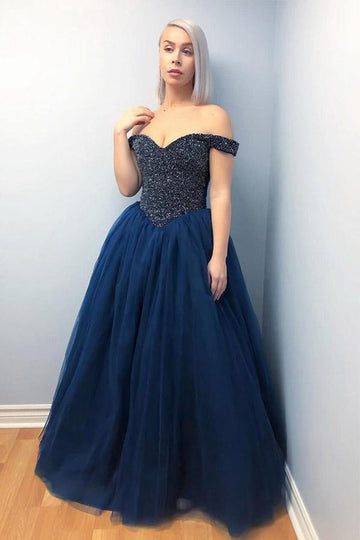 Off The Shoulder Tulle Beading Navy Blue Prom Dress JTA8551