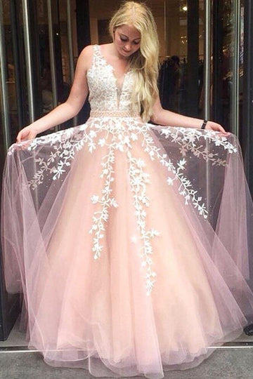 Princess Pink Long Lace Appliques Prom Dress JTA8571
