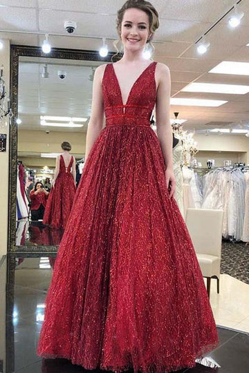 V neck Bling-Bling Burgundy Evening Dress JTA8641