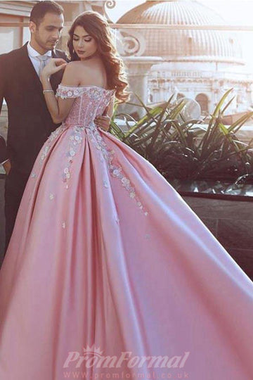 Ball Gown Off The Shoulder Pink Satin Prom Dress with Appliques JTA8701