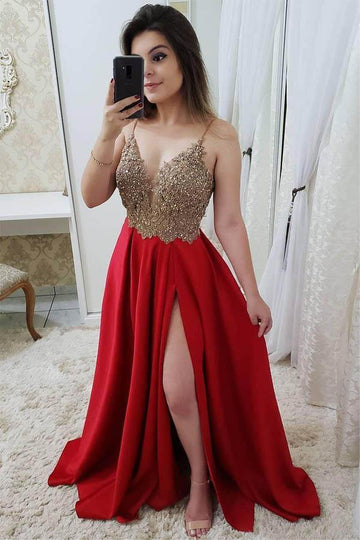 Strap A Line Maroon Beaded Prom Dress with Split and Gold Lace JTA8711