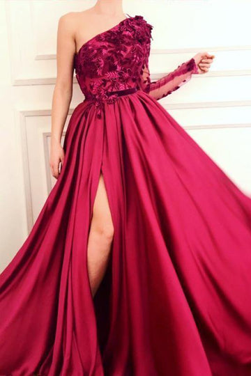 Burgundy Long Sleeve One Shoulder Sexy Split Prom Dress JTA8731