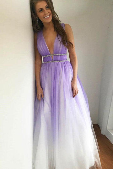 A Line V Neck Purple Tulle Prom Dress JTA8791
