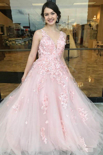 Princess V Neck Pink Lace Tulle Prom Dress JTA8801