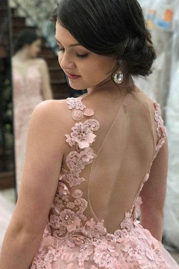 Princess V Neck Pink Lace Tulle Prom Dress JTA8801