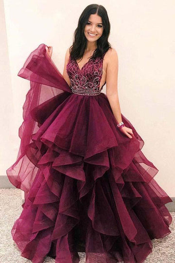 Princess V Neck Purple Tulle Beaded Prom Dress with Ruffles JTA8811