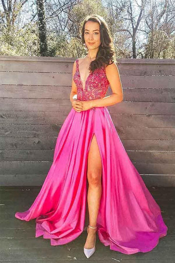 A Line V Neck Fuchsia Beading Slit Prom Dress JTA8841