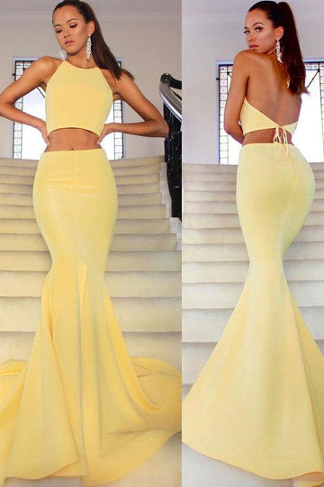 Two Piece Halter Mermaid Satin Pink Evening Dress JTA8921