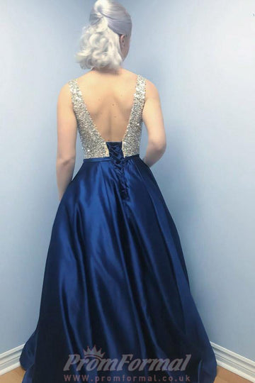 A Line V Neck Dark Blue Satin Prom Dress with Beading JTA8951