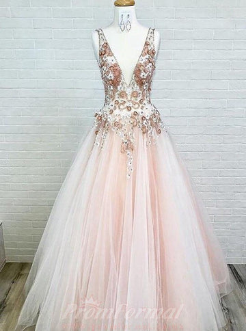 Princess V Neck Pink Tulle Prom Dress with Lace Appliques JTA8991