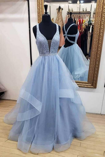 A Line Blue Deep V Neck Tulle Party Dress JTA9001